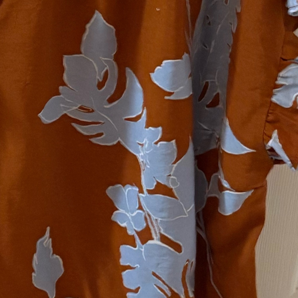 Pleione Hawaiian Crinkle Sleeve Shirt Rust Floral Blue Plumeria Print Top 3X - Picture 3 of 7